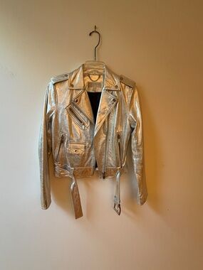 Michael Kors Real Sheep Leather Belted Silver Moto Jacket Sz. S